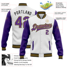 Load image into Gallery viewer, Custom White Purple Old Gold-Black Bomber Full-Snap Varsity Letterman Two Tone Jacket
