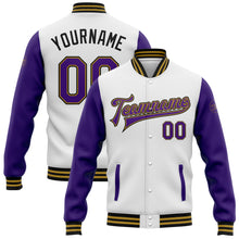 Load image into Gallery viewer, Custom White Purple Old Gold-Black Bomber Full-Snap Varsity Letterman Two Tone Jacket

