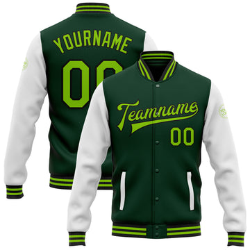 Custom Green Neon Green-Black Bomber Full-Snap Varsity Letterman Two Tone Jacket