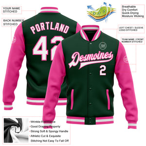 Custom Green White-Pink Bomber Full-Snap Varsity Letterman Two Tone Jacket