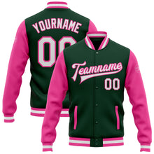 Load image into Gallery viewer, Custom Green White-Pink Bomber Full-Snap Varsity Letterman Two Tone Jacket
