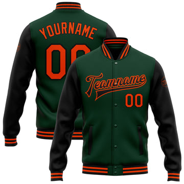 Custom Green Orange-Black Bomber Full-Snap Varsity Letterman Two Tone Jacket