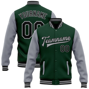 Custom Green Black-Gray Bomber Full-Snap Varsity Letterman Two Tone Jacket