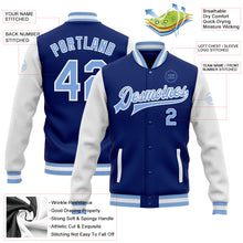 Laden Sie das Bild in den Galerie-Viewer, Custom Royal Light Blue-White Bomber Full-Snap Varsity Letterman Two Tone Jacket
