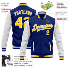 Load image into Gallery viewer, Custom Royal Yellow-White Bomber Full-Snap Varsity Letterman Two Tone Jacket
