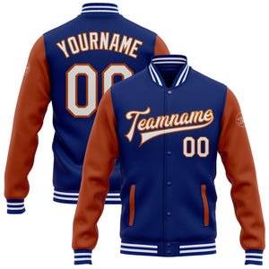 Custom Royal White-Texas Orange Bomber Full-Snap Varsity Letterman Two Tone Jacket