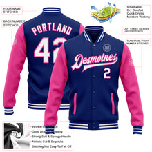 Laden Sie das Bild in den Galerie-Viewer, Custom Royal White-Pink Bomber Full-Snap Varsity Letterman Two Tone Jacket

