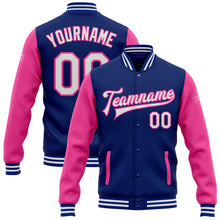 Load image into Gallery viewer, Custom Royal White-Pink Bomber Full-Snap Varsity Letterman Two Tone Jacket
