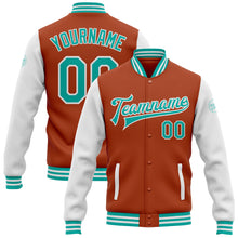 Laden Sie das Bild in den Galerie-Viewer, Custom Texas Orange Aqua-White Bomber Full-Snap Varsity Letterman Two Tone Jacket
