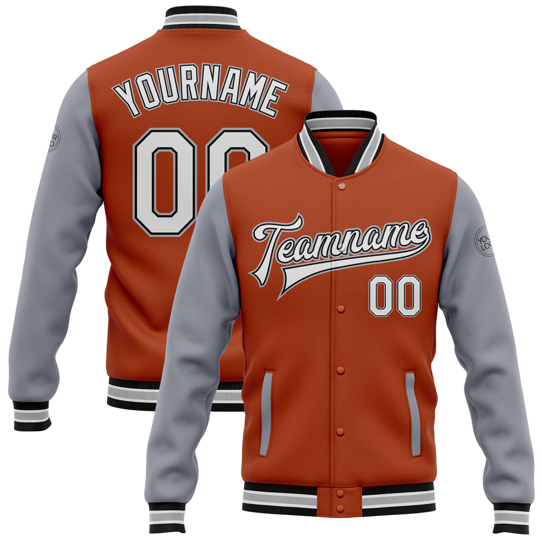 Custom Texas Orange White Black-Gray Bomber Full-Snap Varsity Letterman Two Tone Jacket