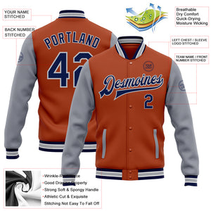 Custom Texas Orange Navy-Gray Bomber Full-Snap Varsity Letterman Two Tone Jacket