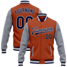 Load image into Gallery viewer, Custom Texas Orange Navy-Gray Bomber Full-Snap Varsity Letterman Two Tone Jacket
