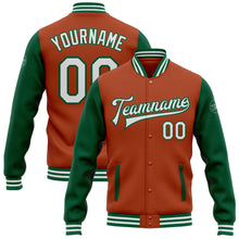 Load image into Gallery viewer, Custom Texas Orange White-Kelly Green Bomber Full-Snap Varsity Letterman Two Tone Jacket
