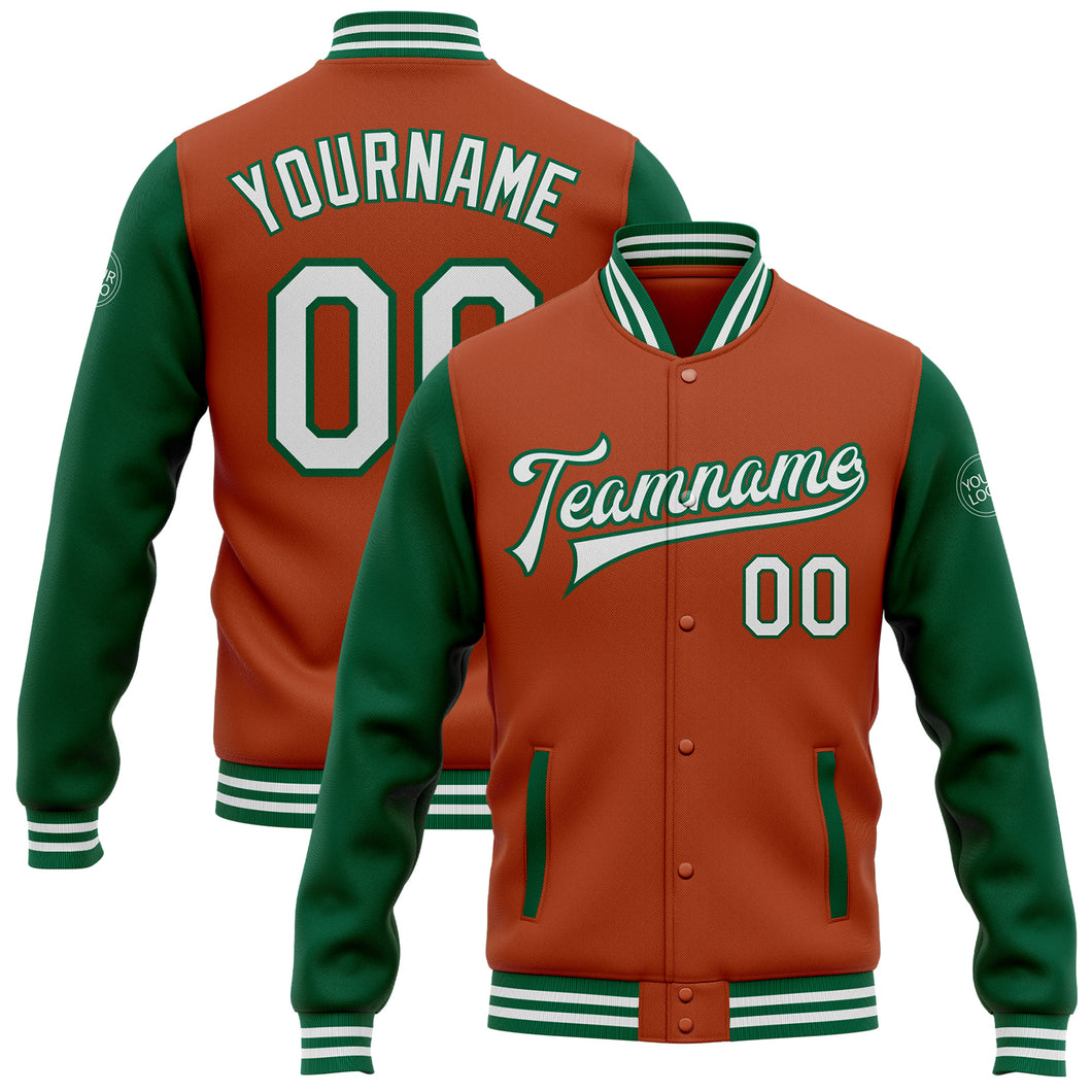 Custom Texas Orange White-Kelly Green Bomber Full-Snap Varsity Letterman Two Tone Jacket