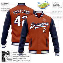 Laden Sie das Bild in den Galerie-Viewer, Custom Texas Orange White-Navy Bomber Full-Snap Varsity Letterman Two Tone Jacket
