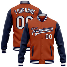 Laden Sie das Bild in den Galerie-Viewer, Custom Texas Orange White-Navy Bomber Full-Snap Varsity Letterman Two Tone Jacket
