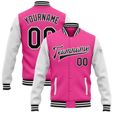 Laden Sie das Bild in den Galerie-Viewer, Custom Pink Black-White Bomber Full-Snap Varsity Letterman Two Tone Jacket
