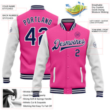Laden Sie das Bild in den Galerie-Viewer, Custom Pink Navy-White Bomber Full-Snap Varsity Letterman Two Tone Jacket
