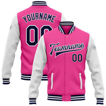 Laden Sie das Bild in den Galerie-Viewer, Custom Pink Navy-White Bomber Full-Snap Varsity Letterman Two Tone Jacket
