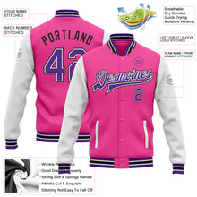 Laden Sie das Bild in den Galerie-Viewer, Custom Pink Purple White-Black Bomber Full-Snap Varsity Letterman Two Tone Jacket
