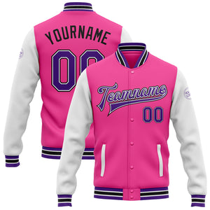 Custom Pink Purple White-Black Bomber Full-Snap Varsity Letterman Two Tone Jacket