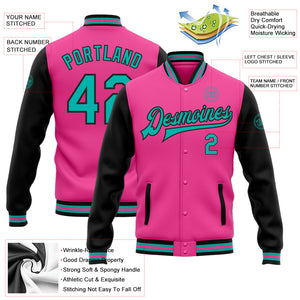 Custom Pink Aqua-Black Bomber Full-Snap Varsity Letterman Two Tone Jacket