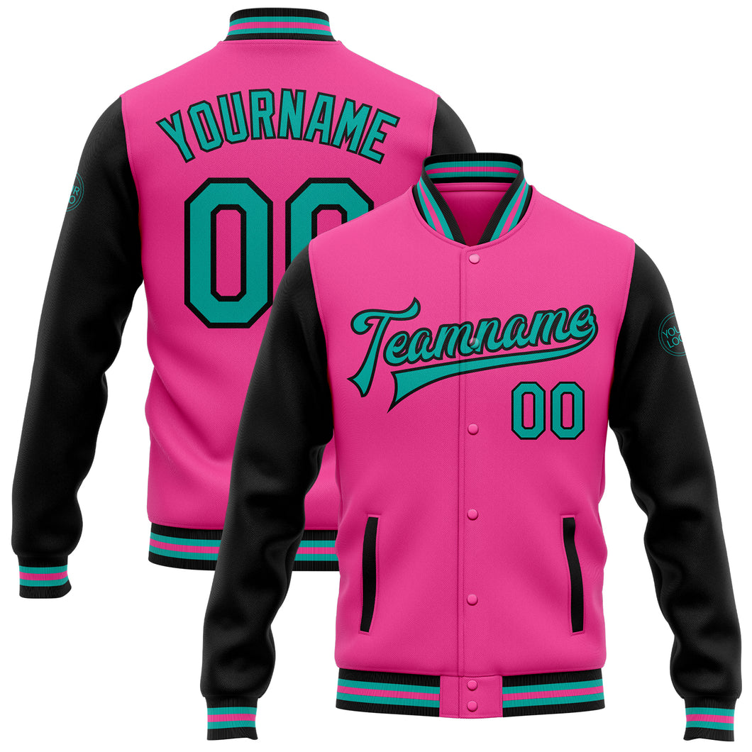 Custom Pink Aqua-Black Bomber Full-Snap Varsity Letterman Two Tone Jacket