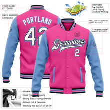 Laden Sie das Bild in den Galerie-Viewer, Custom Pink White Black-Light Blue Bomber Full-Snap Varsity Letterman Two Tone Jacket
