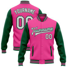 Laden Sie das Bild in den Galerie-Viewer, Custom Pink White-Kelly Green Bomber Full-Snap Varsity Letterman Two Tone Jacket
