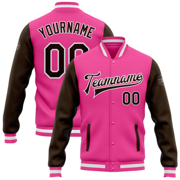 Custom Pink Brown-White Bomber Full-Snap Varsity Letterman Two Tone Jacket