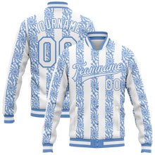Laden Sie das Bild in den Galerie-Viewer, Custom Light Blue-White 3D Pattern Design Bomber Full-Snap Varsity Letterman Jacket
