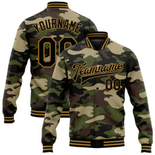 Загрузить изображение в средство просмотра галереи, Custom Camo Black-Old Gold Jungle Camouflage 3D Bomber Full-Snap Varsity Letterman Salute To Service Jacket
