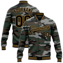 Charger l&#39;image dans la galerie, Custom Camo Black-Old Gold Jungle Camouflage 3D Bomber Full-Snap Varsity Letterman Salute To Service Jacket
