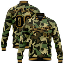 Загрузить изображение в средство просмотра галереи, Custom Camo Black-Old Gold Geometric Camouflage 3D Bomber Full-Snap Varsity Letterman Salute To Service Jacket
