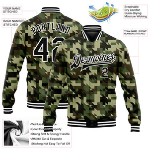 Custom Camo Black-White Geometric Camouflage 3D Bomber Full-Snap Varsity Letterman Salute To Service Jacket