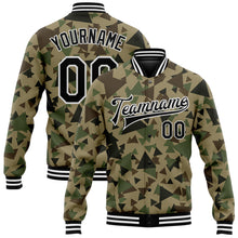 Laden Sie das Bild in den Galerie-Viewer, Custom Camo Black-White Geometric Camouflage 3D Bomber Full-Snap Varsity Letterman Salute To Service Jacket
