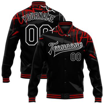 Custom Graffiti Pattern Black-Red Dark Abstract Urban Street Art 3D Bomber Full-Snap Varsity Letterman Jacket