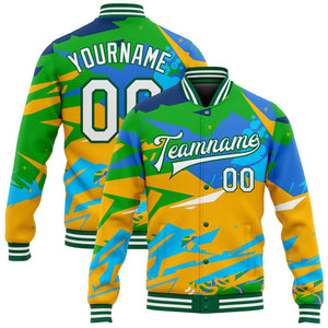 Custom Graffiti Pattern White-Kelly Green Hiphop Abstract Urban Street Art 3D Bomber Full-Snap Varsity Letterman Jacket