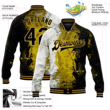 Laden Sie das Bild in den Galerie-Viewer, Custom Graffiti Pattern Black-Old Gold Grunge Art 3D Bomber Full-Snap Varsity Letterman Jacket
