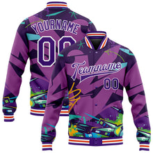 Laden Sie das Bild in den Galerie-Viewer, Custom Graffiti Pattern Purple-White Trendy Abstract Urban Street Art 3D Bomber Full-Snap Varsity Letterman Jacket
