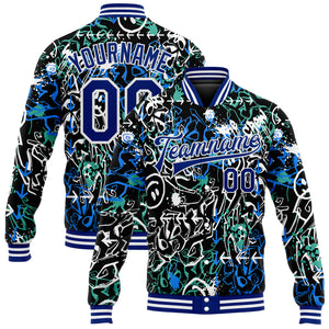 Custom Graffiti Pattern Royal-White Abstract Grunge Art 3D Bomber Full-Snap Varsity Letterman Jacket