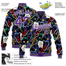 Laden Sie das Bild in den Galerie-Viewer, Custom Graffiti Pattern Purple-White Hand Painted Flowers 3D Bomber Full-Snap Varsity Letterman Jacket
