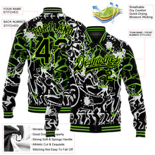 Laden Sie das Bild in den Galerie-Viewer, Custom Graffiti Pattern Black-Neon Green Abstract Grunge Art 3D Bomber Full-Snap Varsity Letterman Jacket
