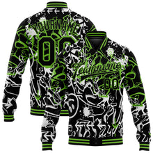 Laden Sie das Bild in den Galerie-Viewer, Custom Graffiti Pattern Black-Neon Green Abstract Grunge Art 3D Bomber Full-Snap Varsity Letterman Jacket
