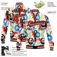 Laden Sie das Bild in den Galerie-Viewer, Custom Graffiti Pattern Orange-Black Abstract Grunge Art 3D Bomber Full-Snap Varsity Letterman Jacket
