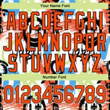 Laden Sie das Bild in den Galerie-Viewer, Custom Graffiti Pattern Orange-Black Abstract Grunge Art 3D Bomber Full-Snap Varsity Letterman Jacket
