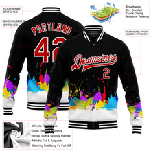 Laden Sie das Bild in den Galerie-Viewer, Custom Graffiti Pattern Red-White Splashes 3D Bomber Full-Snap Varsity Letterman Jacket
