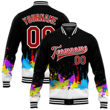 Load image into Gallery viewer, Custom Graffiti Pattern Red-White Splashes 3D Bomber Full-Snap Varsity Letterman Jacket
