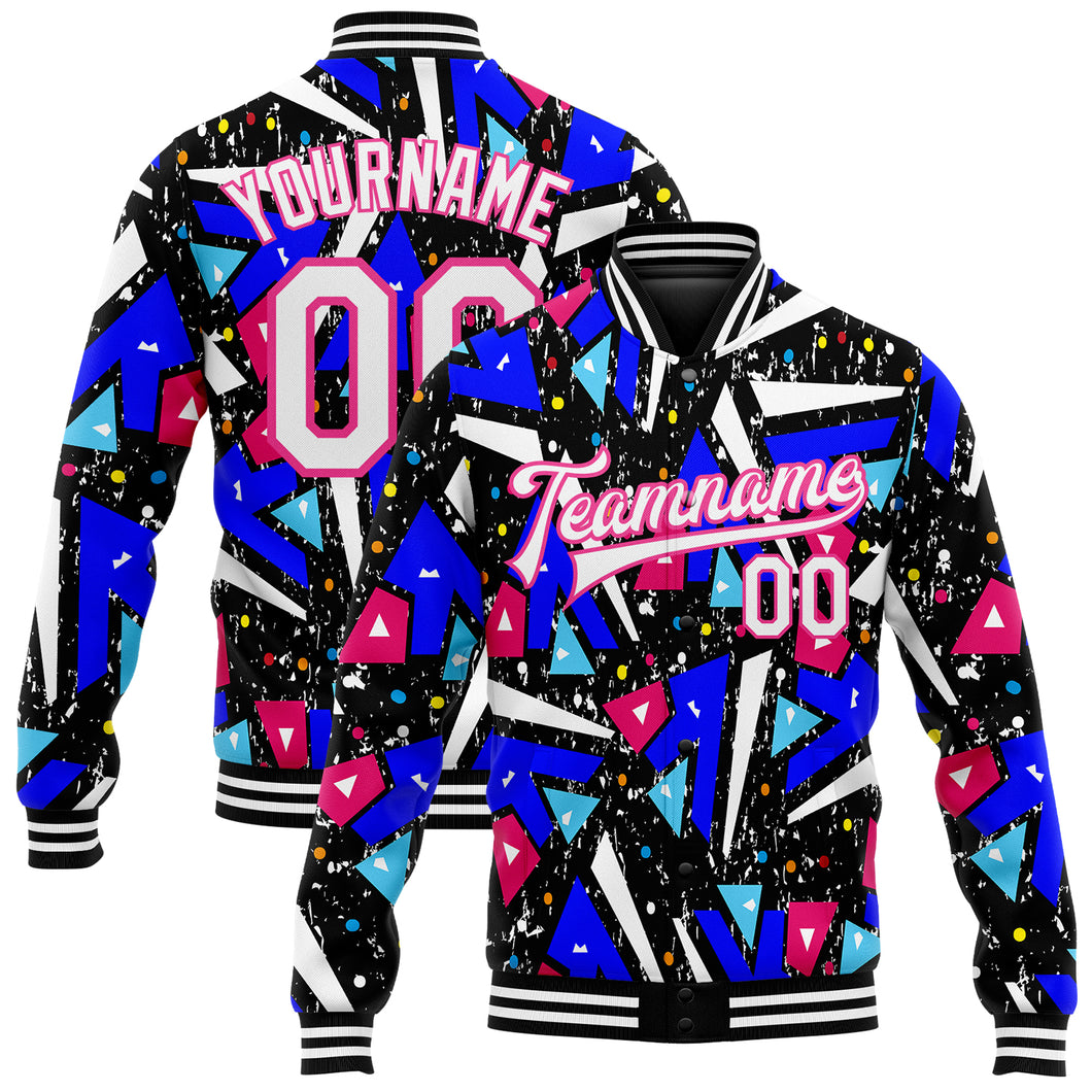 Custom Graffiti Pattern White-Pink Modern Geometric Grunge Art 3D Bomber Full-Snap Varsity Letterman Jacket