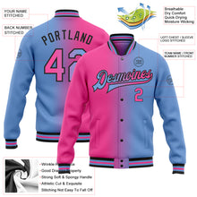 Laden Sie das Bild in den Galerie-Viewer, Custom Light Blue Pink-Black Bomber Full-Snap Varsity Letterman Gradient Fashion Jacket

